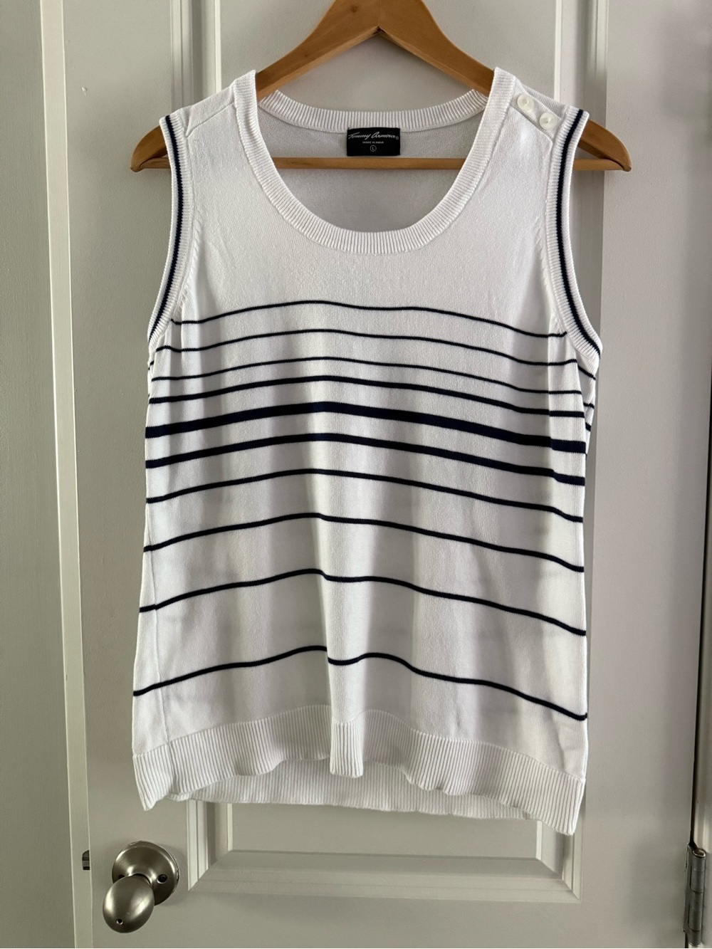 Women’s 100% Cotton White and Navy Striped Knit Sleeveless Blouse Preppy